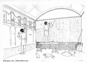 dessin montrant des artisans romains en train de réaliser une fresque antique